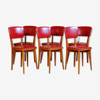 6 chaises bistrot vintage bois et skaï rouge