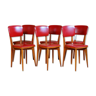 6 chaises bistrot vintage bois et skaï rouge
