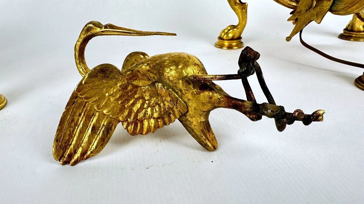 Pair of candelabra with a crane in gilded bronze, bamboo model.