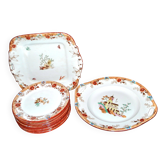 Sarreguemines dessert service 12 plates opaque earthenware bamboo polychrome Asian Chinese decor