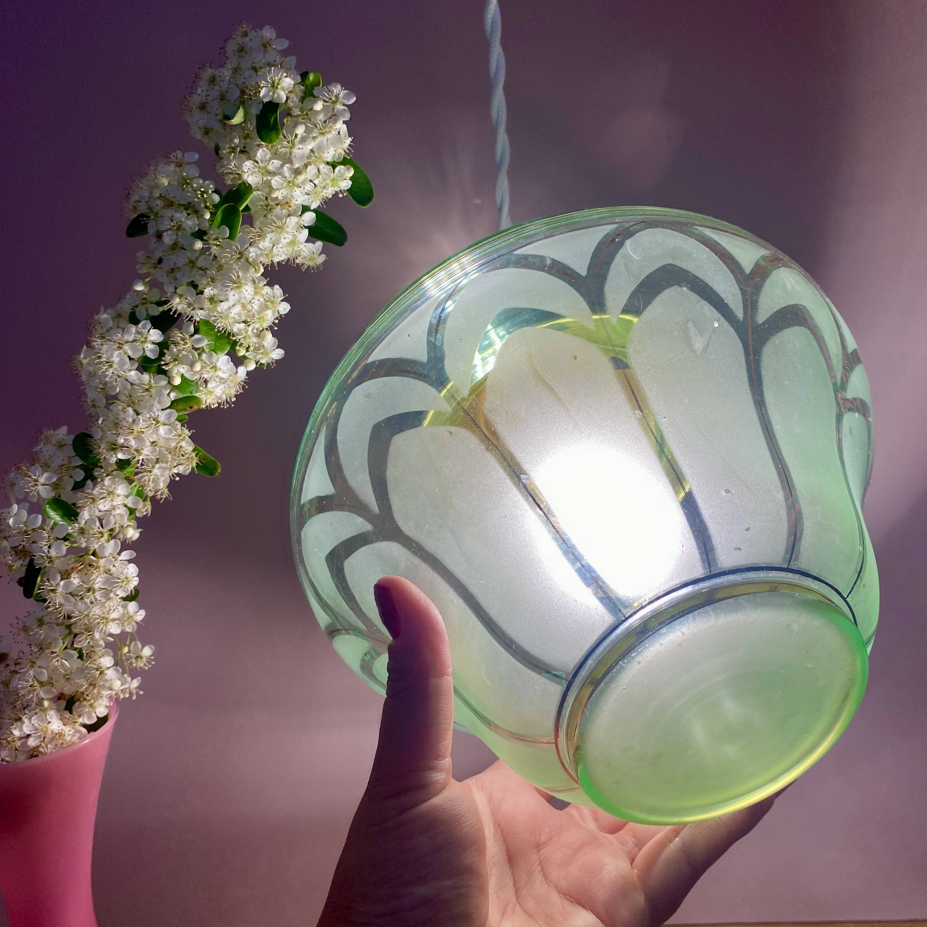 Vintage art deco globe pendant light in green and gold frosted glass