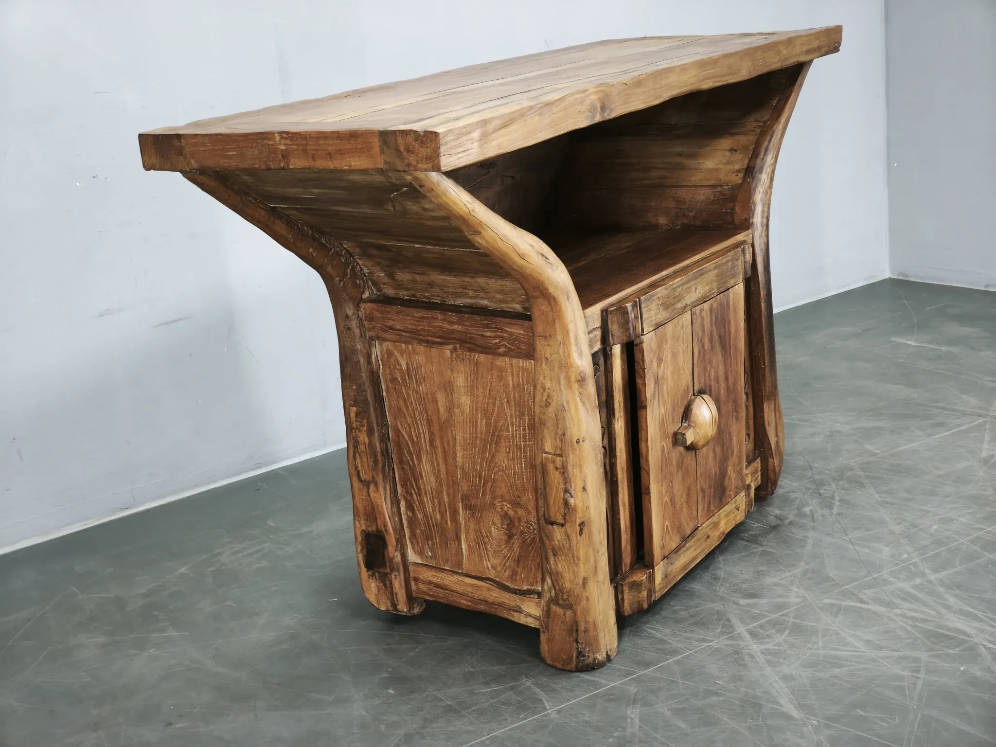 1970s Asian Rustic Solid Wood Console Table, Hand-Carved Primitive Sideboar