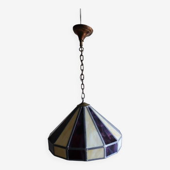 Grande suspension art déco style tiffany crème et violet