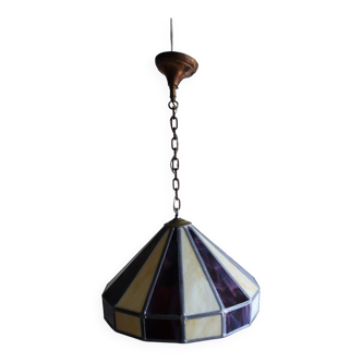 Grande suspension art déco style tiffany crème et violet