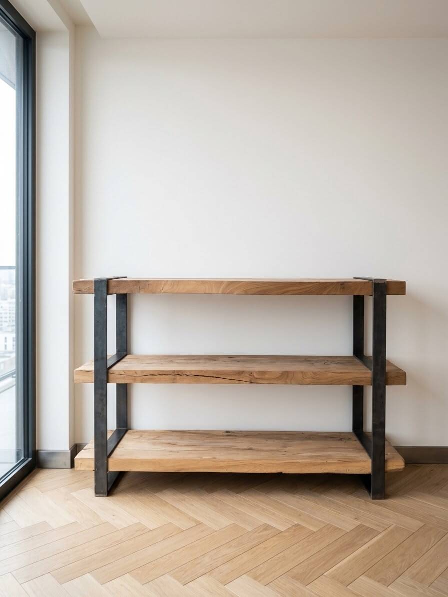 Industrial bookshelf console in solid wood and steel.