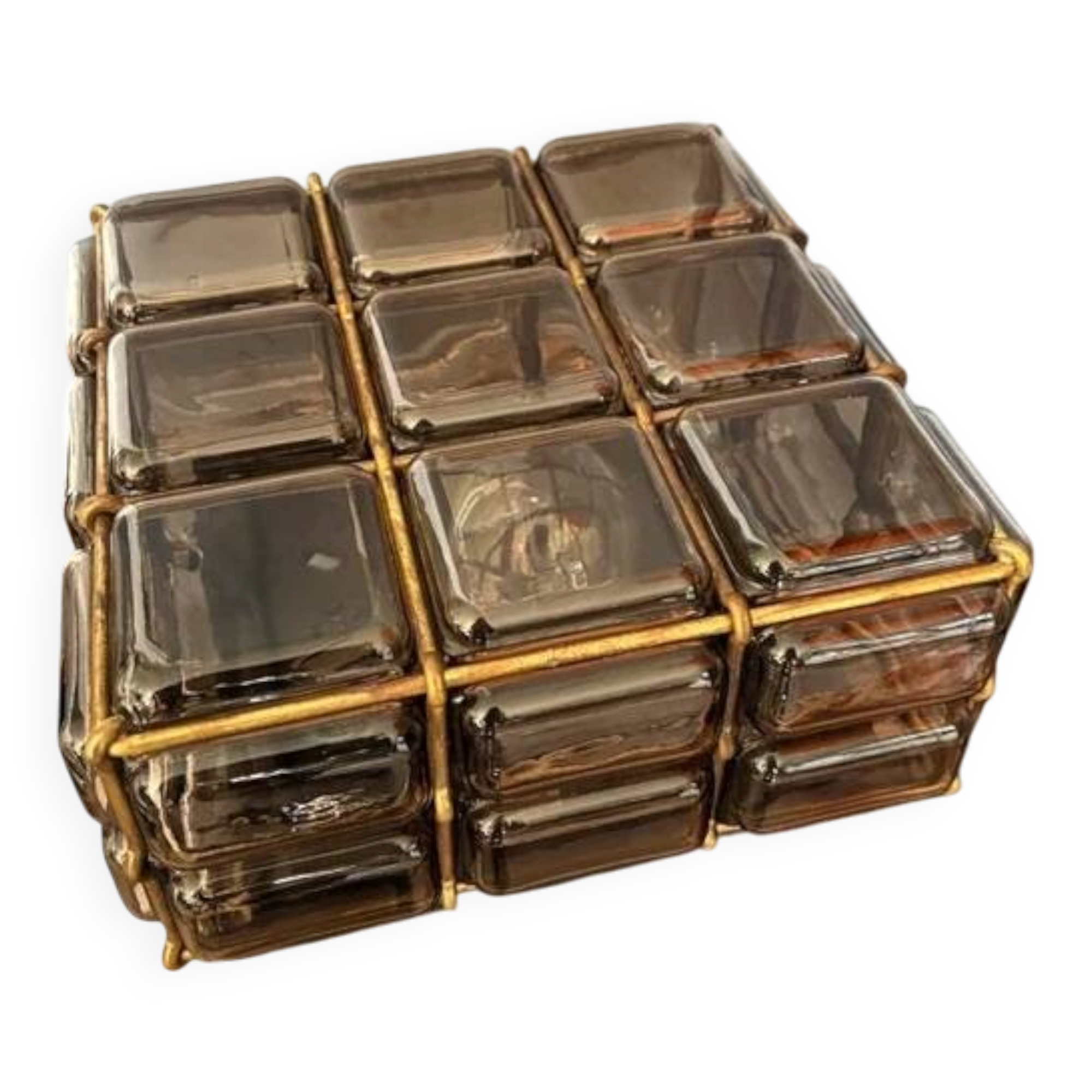 Vintage boom flush ceiling lamp by glashütte limburg smoked glass brass