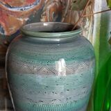 Oblong ceramic vase sacrificed with blue enamel