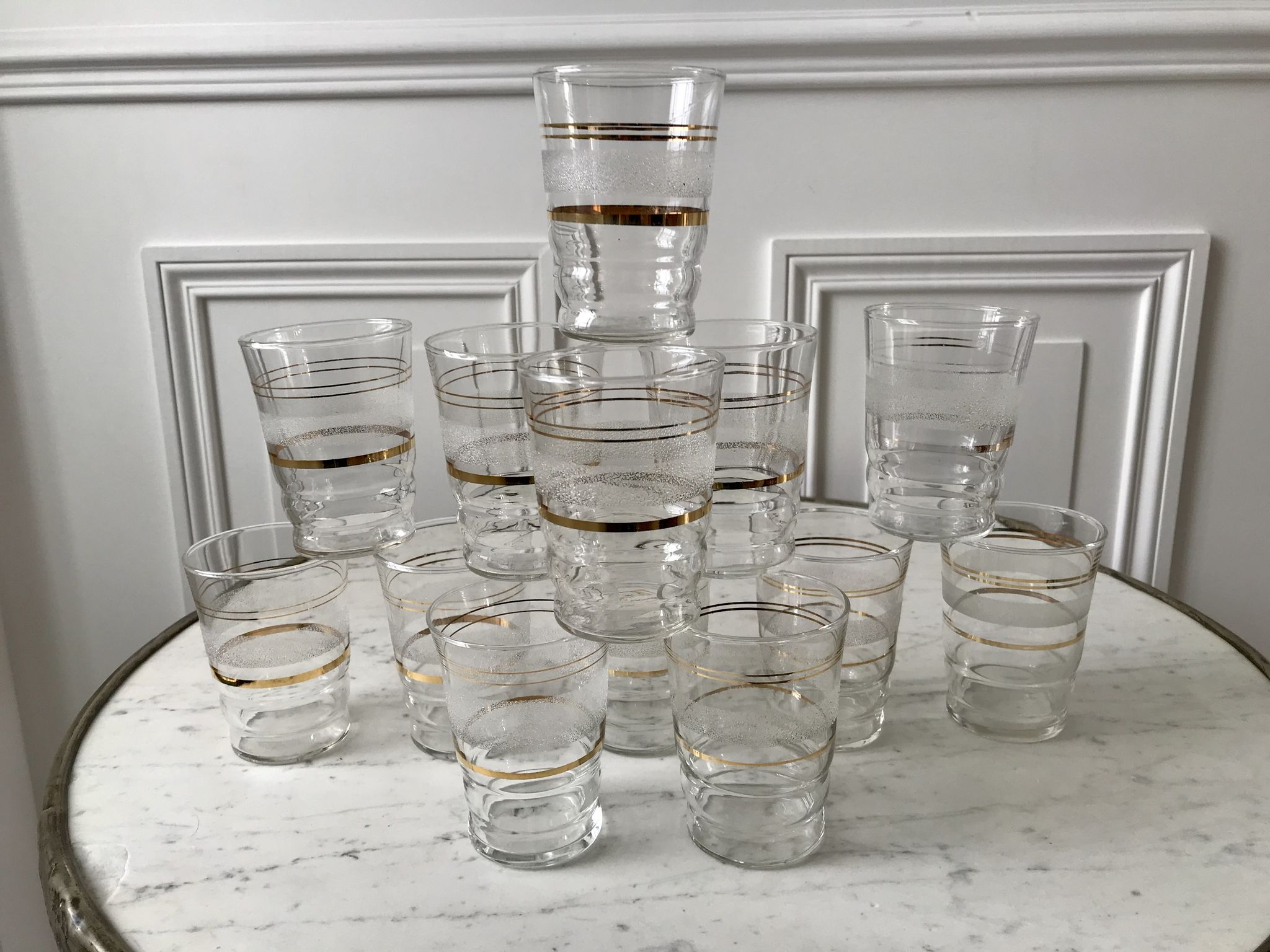 Set of 13 granite water glasses with golden borders 50s-60s