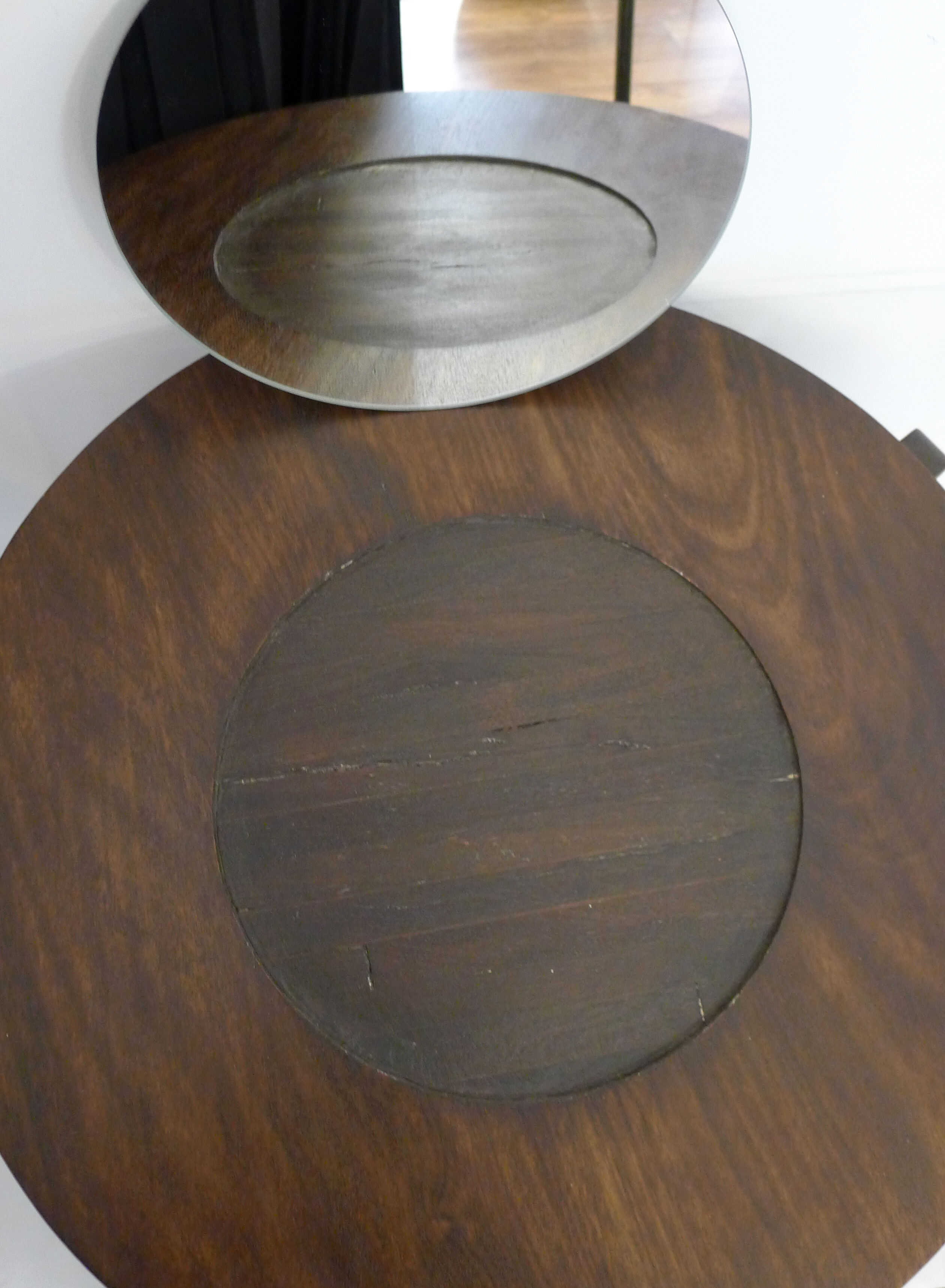 Table basse ronde Art Déco bois foncé & miroir