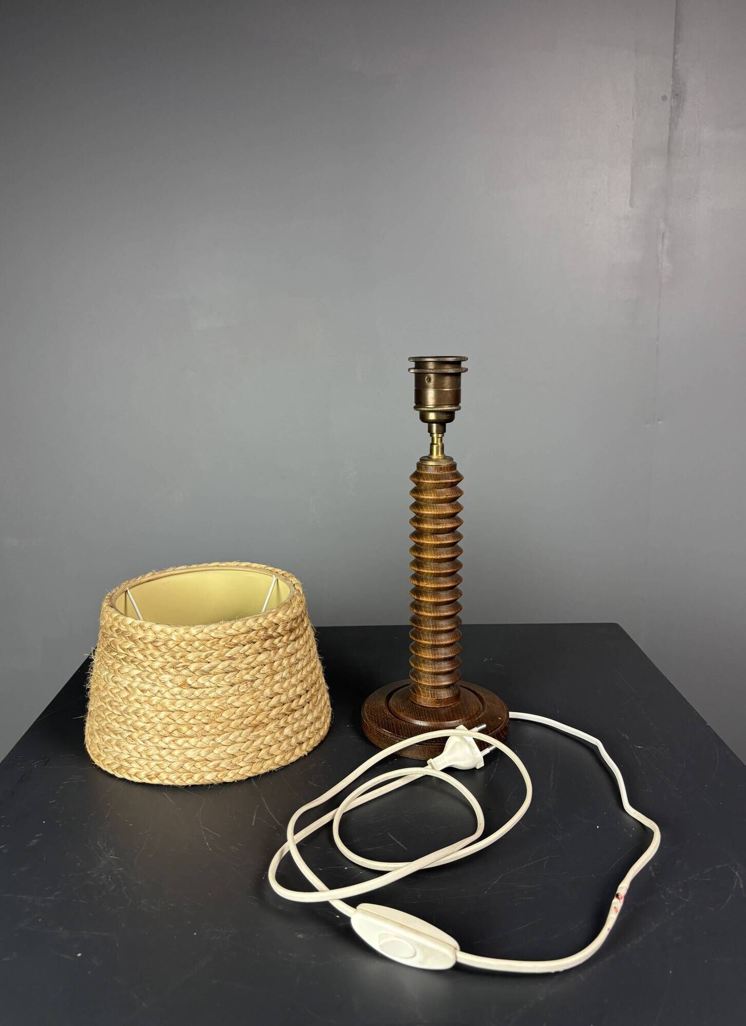 Midcentury French brutalist wood turned table lamp, Charles Dudouyt style