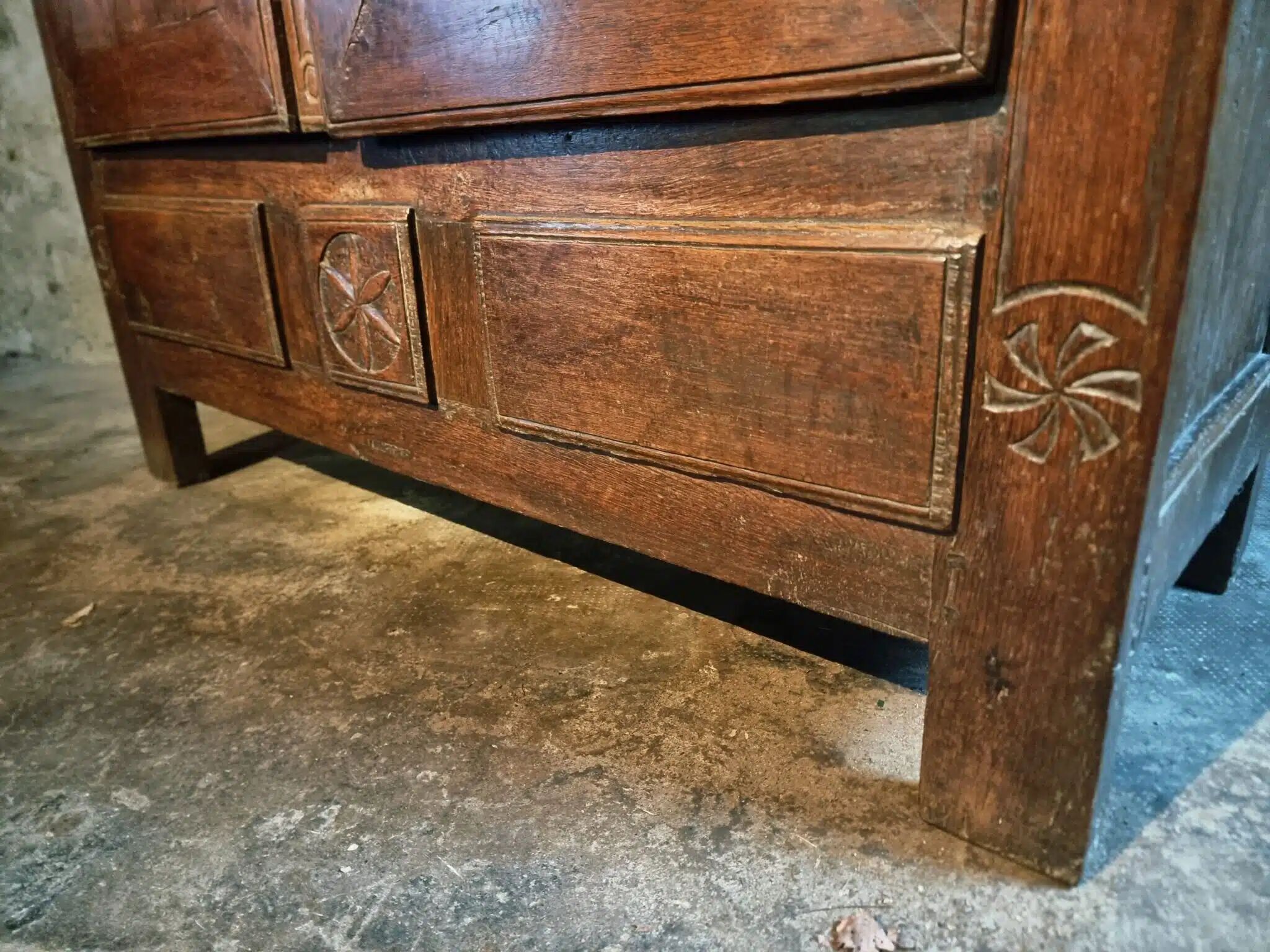 French oak armoire, late 17th - early 18th century, Louis XIV provincial style with hand-carved rosettes