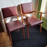 Pair chair/armchair wood and burgundy skaï, 50s