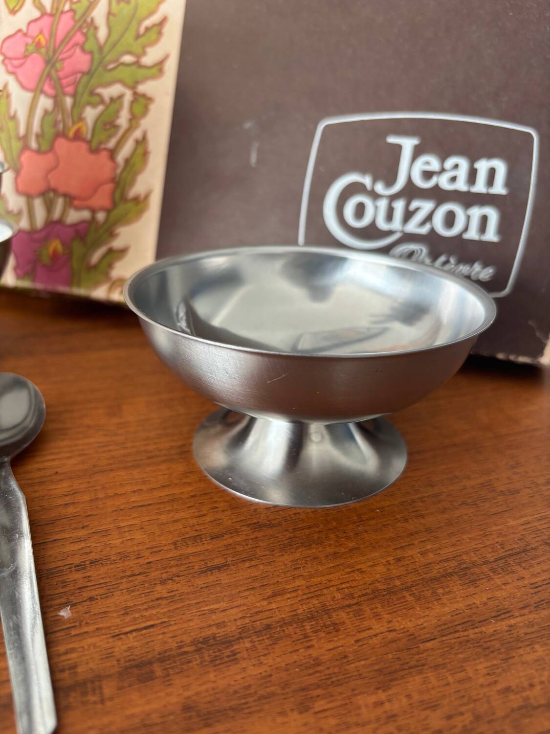 Vintage Jean Couzon box with 6 stainless steel ice cream bowls and bistro spoons.