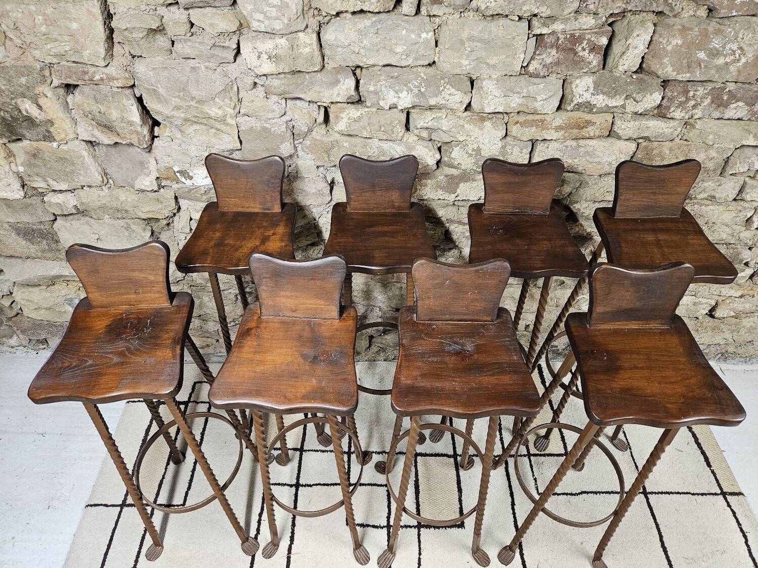 Set of 8 brutalist wrought iron bar stools 1970"