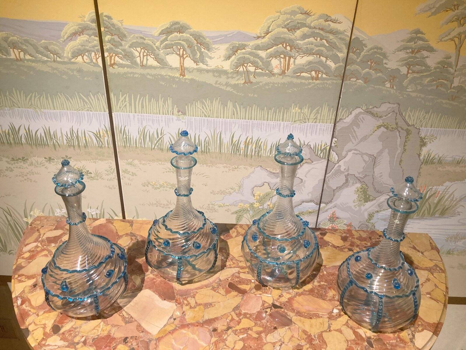 18th Century Italian Murano Clear Glass and Blue Trimmed Blown Glass Bottle