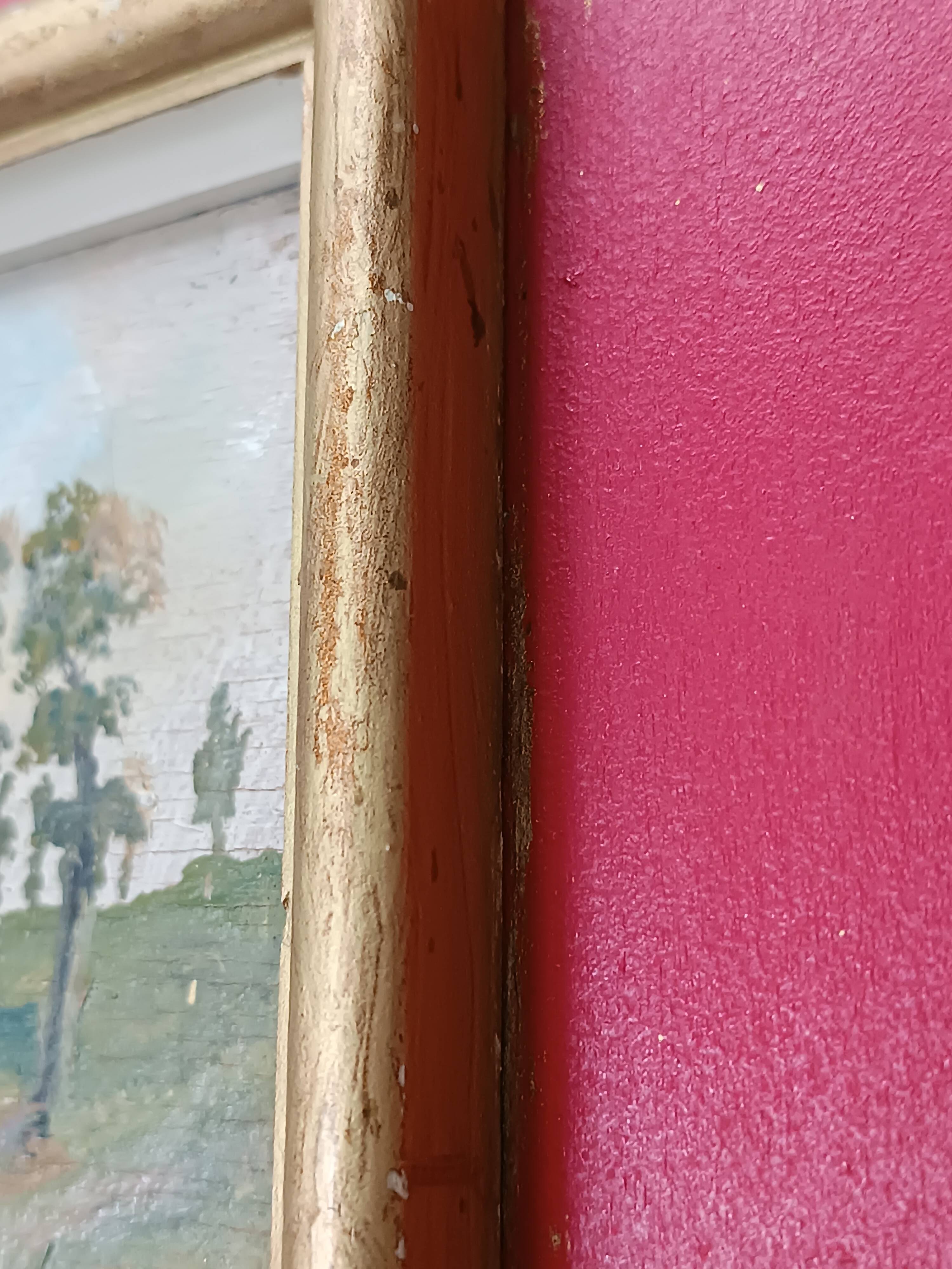 Framed oil on panel of an old countryside landscape.