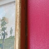 Framed oil on panel of an old countryside landscape.