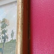 Framed oil on panel of an old countryside landscape.