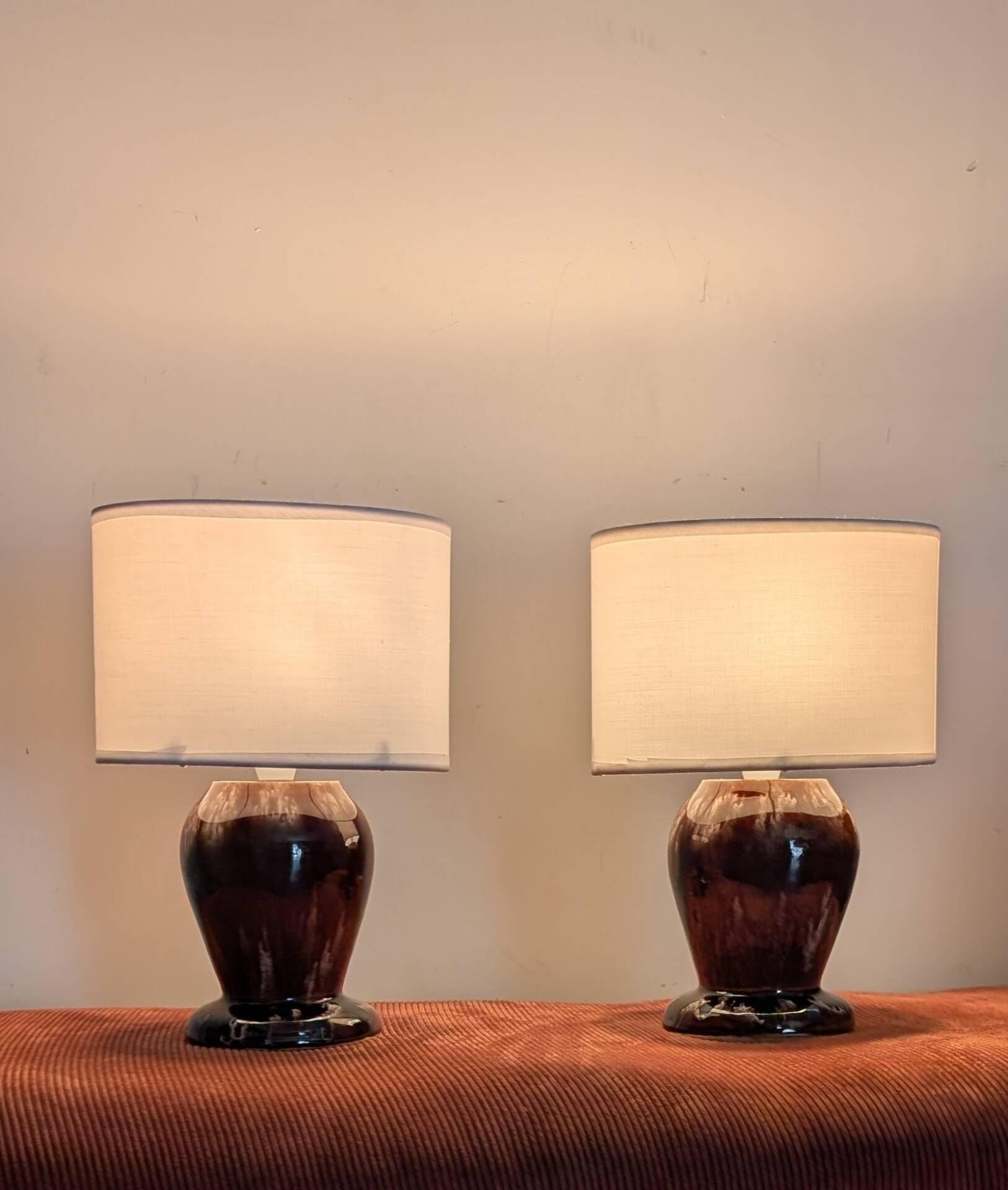 Pair of vintage 70s ceramic bedside lamps – Glazed enamels & e