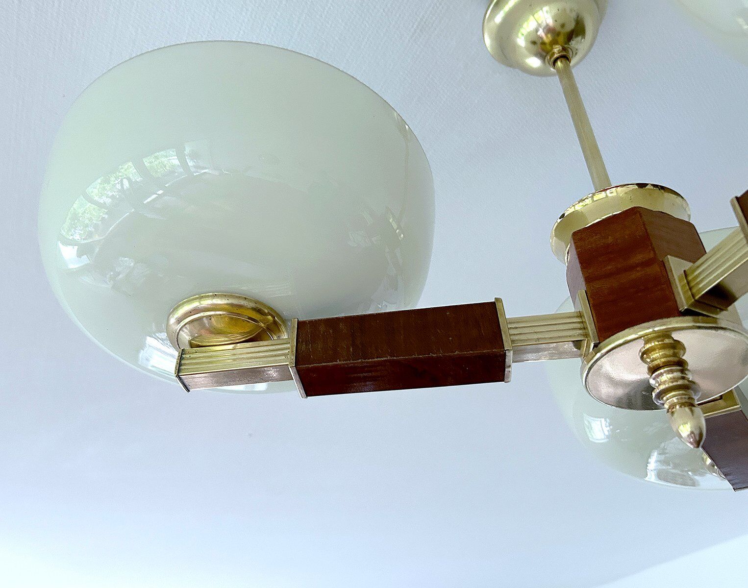 Large Art Deco pendant light in wood and glass, 1930s