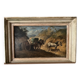 Peinture paysage avec chevaux par Georges Crinière 19ème