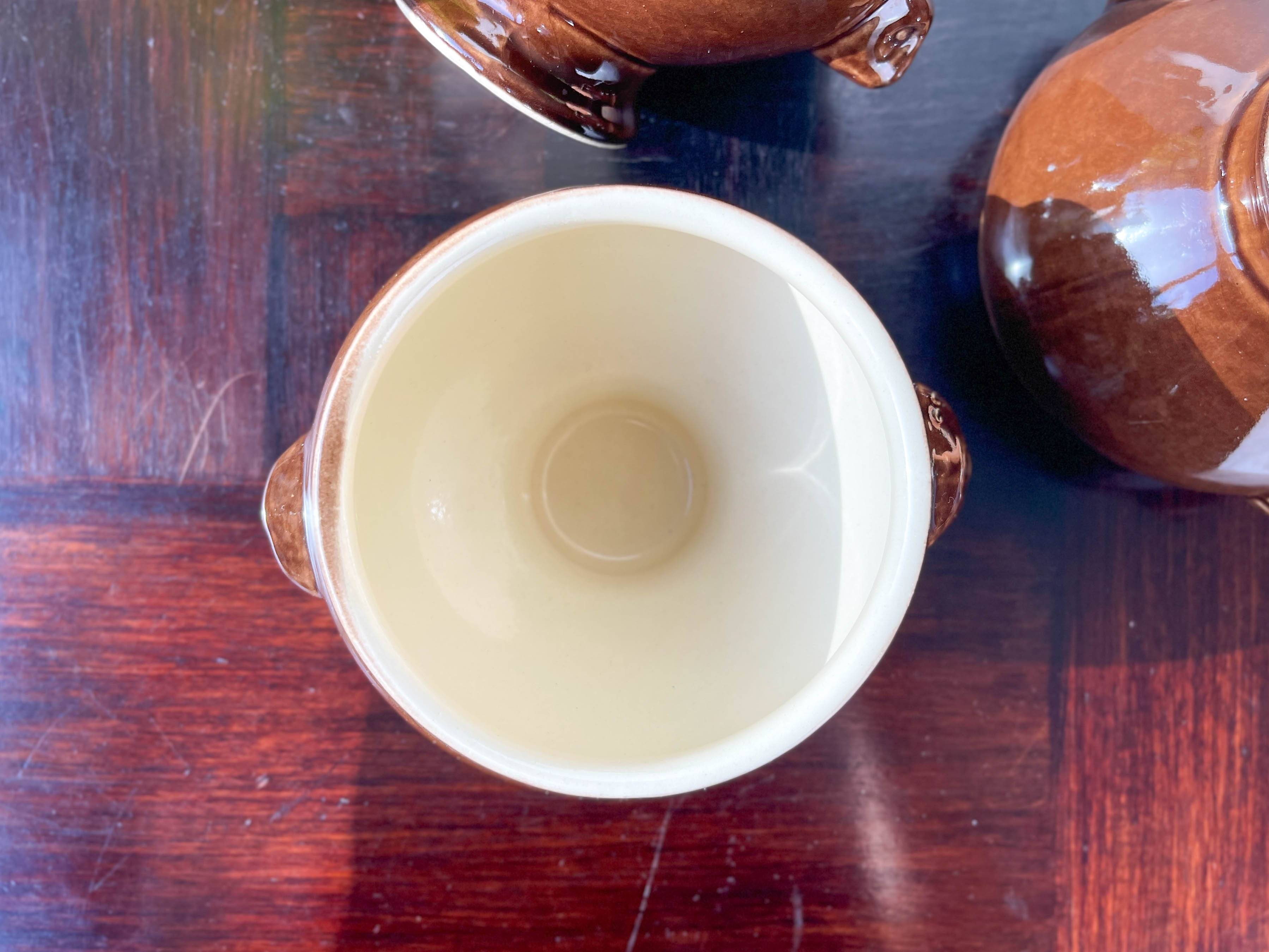 6 Lion's Head bowls in bi-colour brown and cream ceramic by Emile Henry, vintage, made in France.