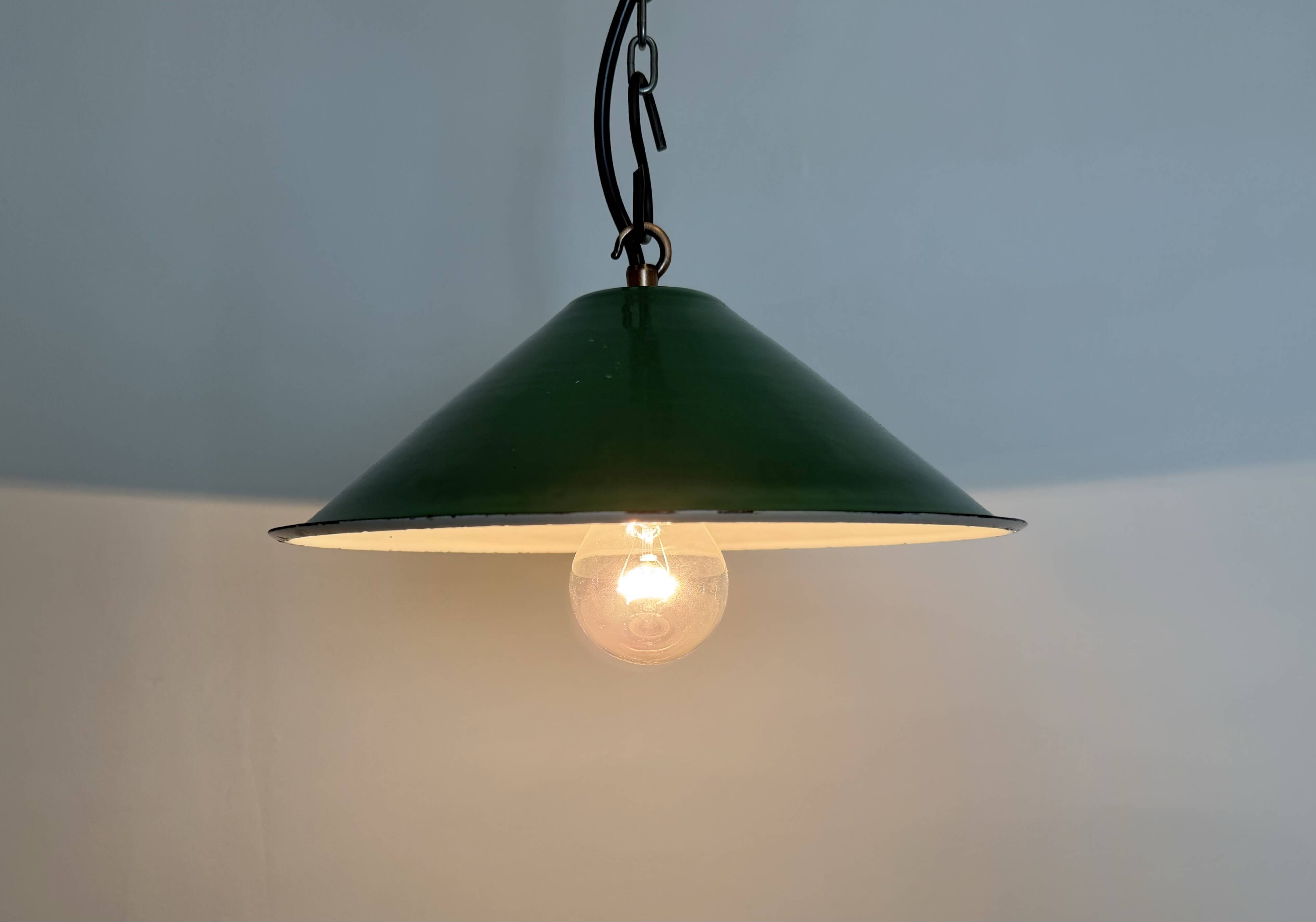 Industrial British Green Enamel Factory Pendant Lamp, 1950s