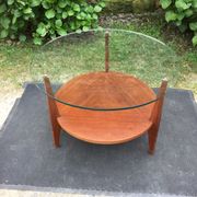 Vintage coffee table round compass legs top in glass and teak wood