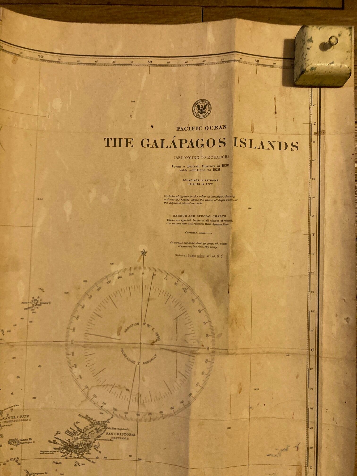 Old Galapagos maritime map with signature of the hydrographic US Navy captains