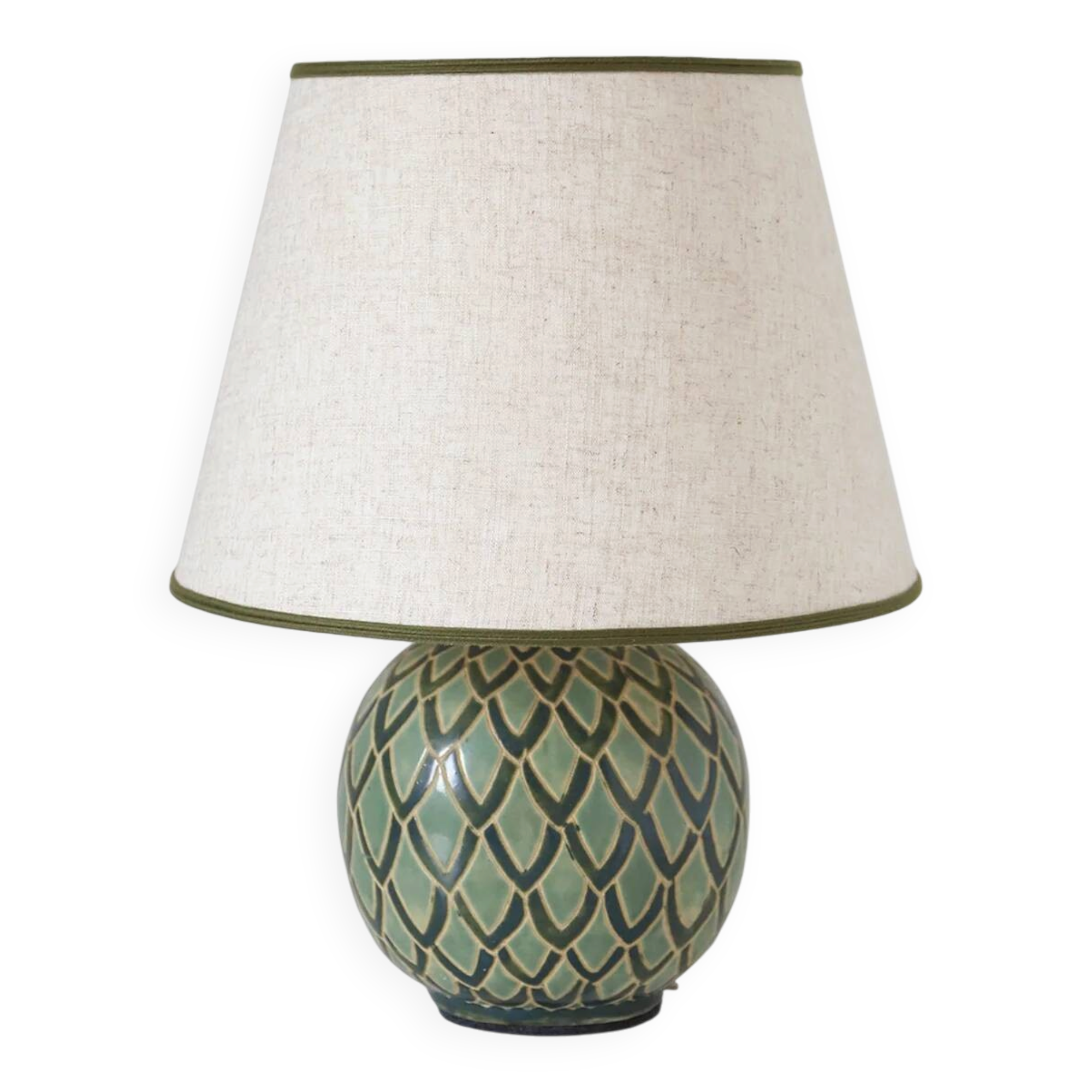Recycled vintage lamp — ceramic art deco ball base and linen shade