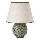 Lampe vintage recyclée — pied boule céramique art déco et abat-jour lin