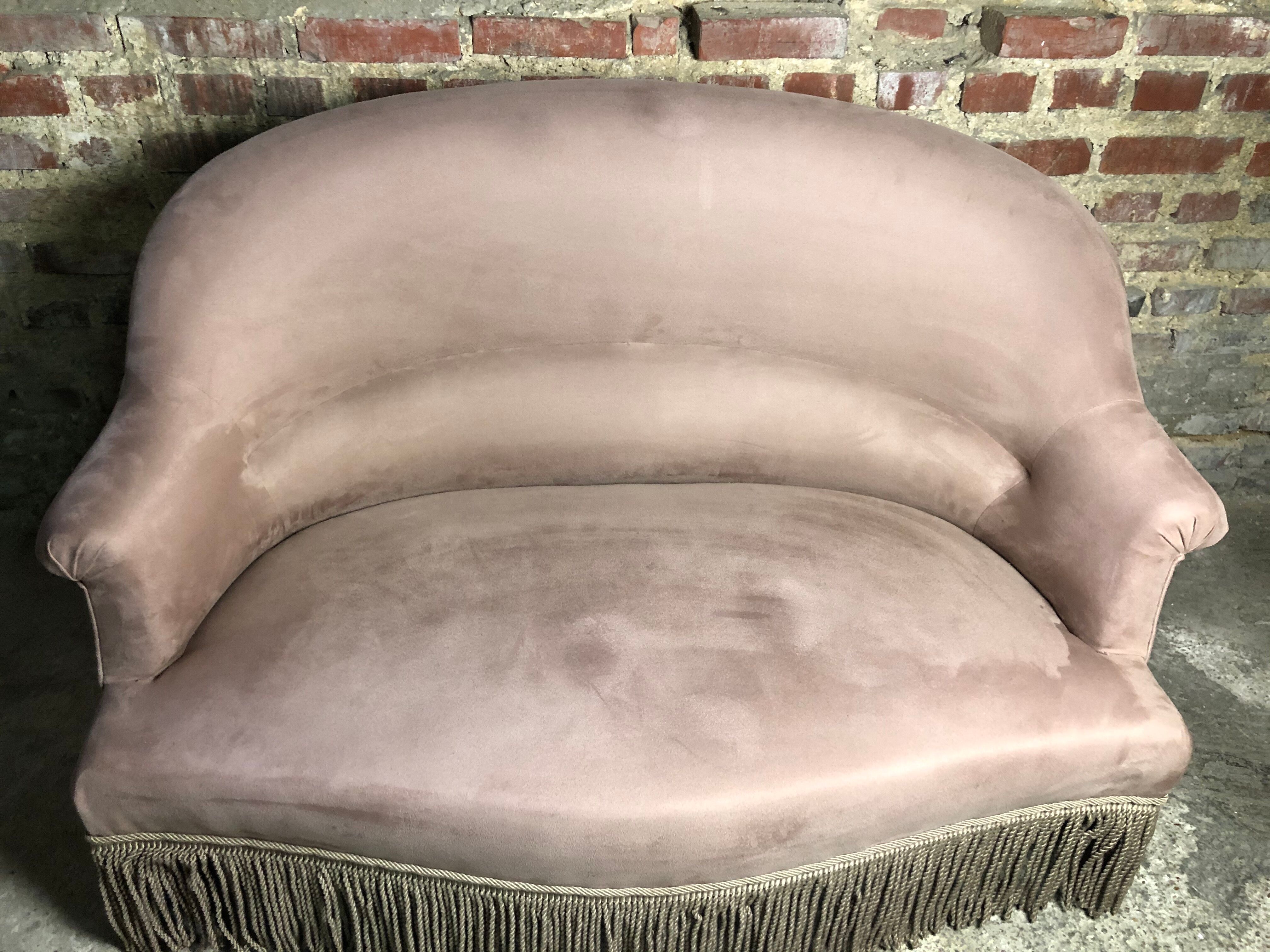 Vintage toad sofa trimmed with taupe-coloured velvet