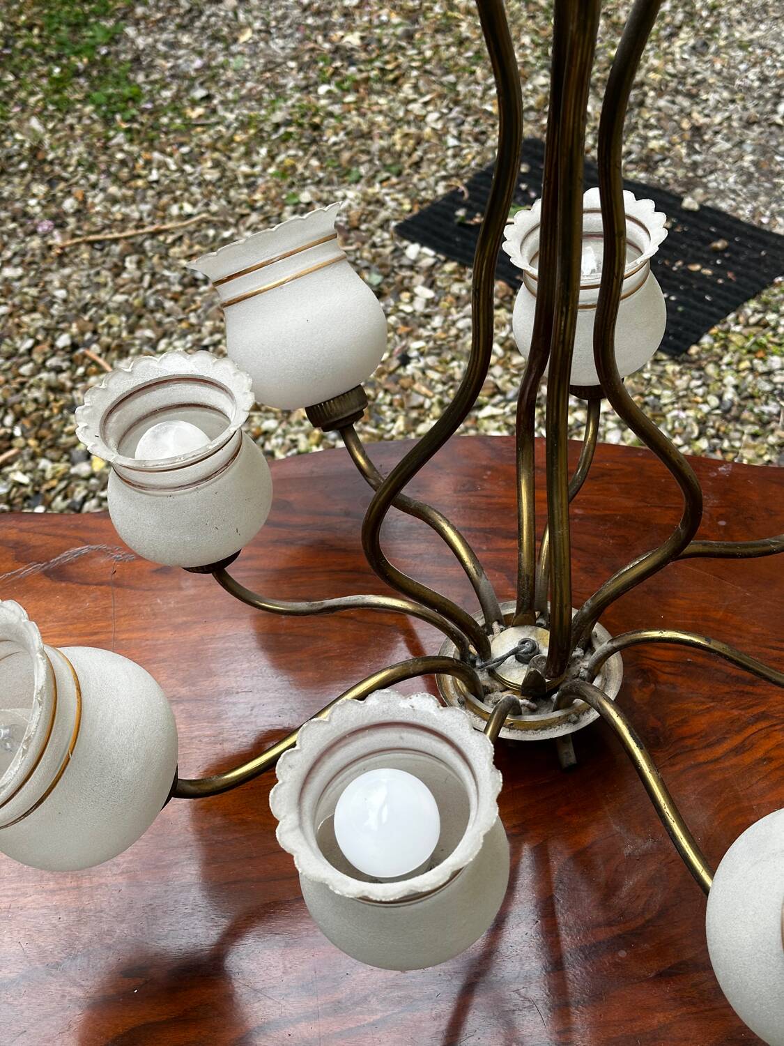 Vintage Lustre Brass and Frosted Glass with White and Gold Large Grains 8 Lights