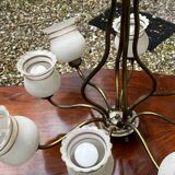 Vintage Lustre Brass and Frosted Glass with White and Gold Large Grains 8 Lights