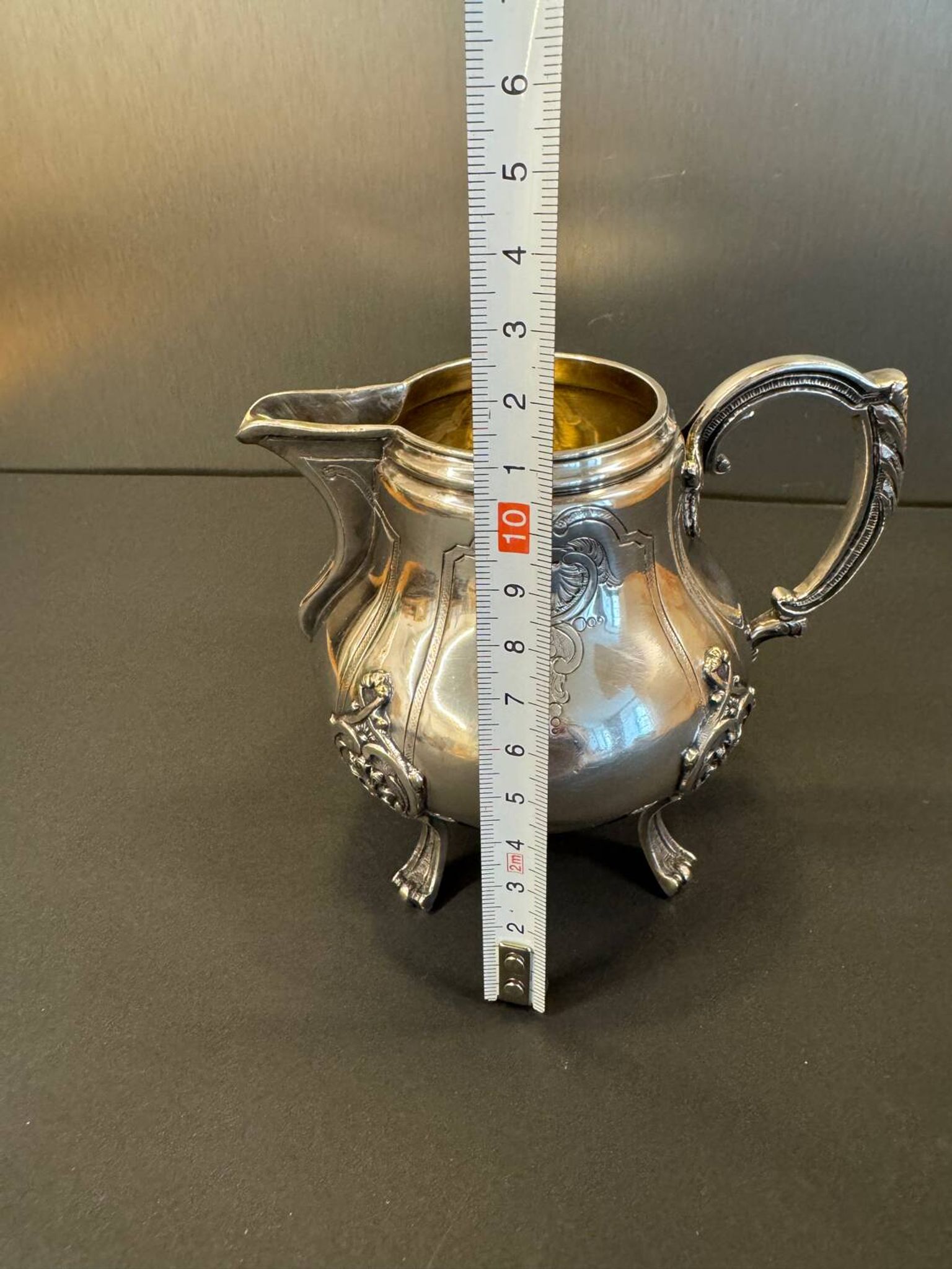 Antique silver-plated metal milk jug – Rococo style, chased decoration, early