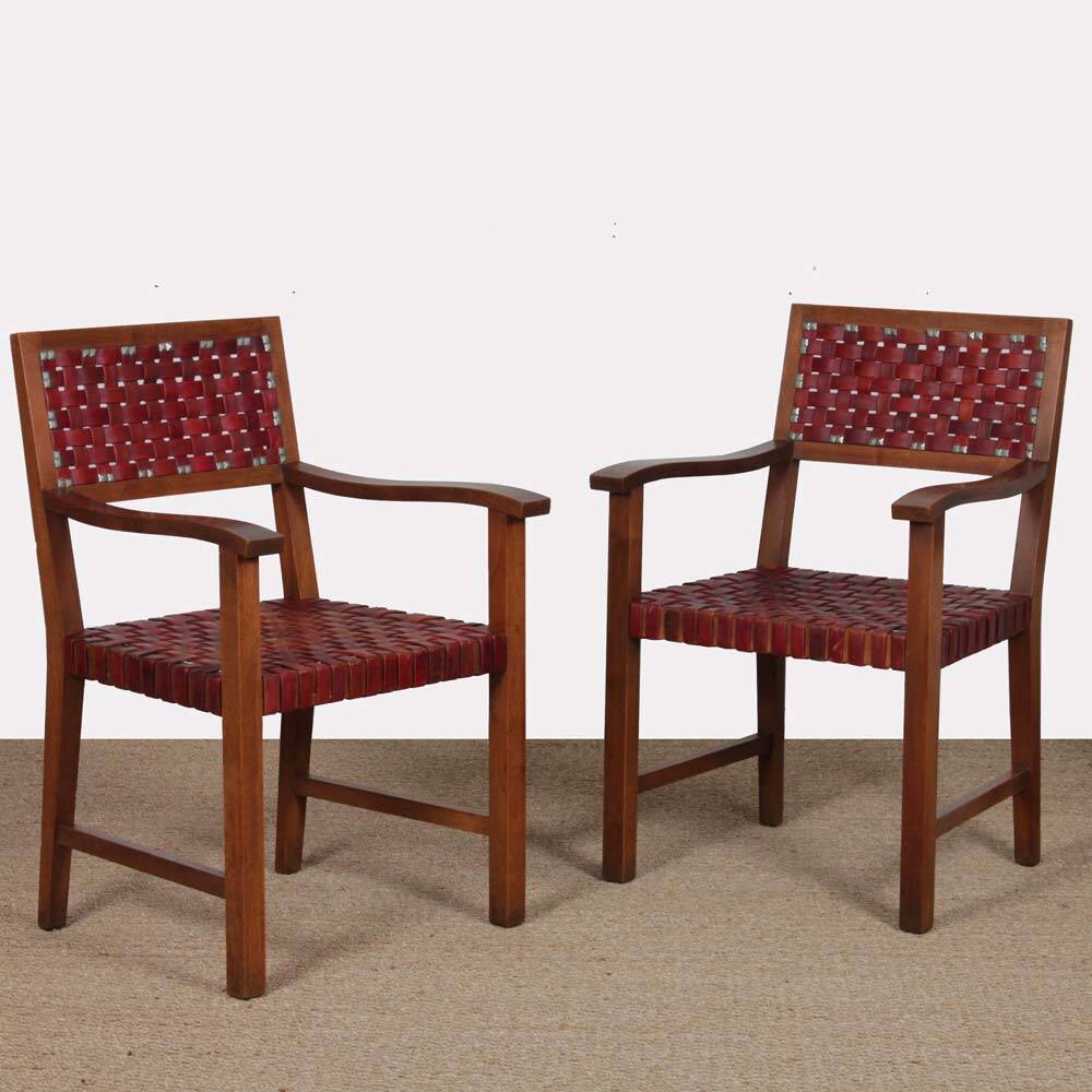 Pair of 1950s bridge chairs in wood and leather