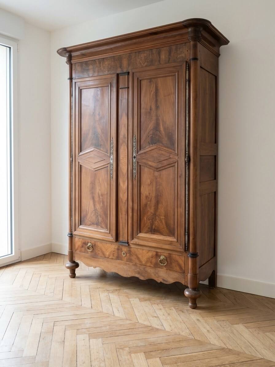 Large antique wooden wardrobe with drawer.