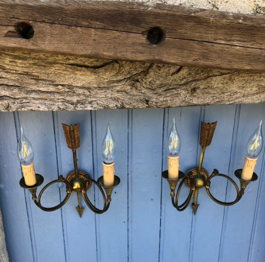 French neoclassical antique wall sconces  highly detailed with hunting horn and arrow motif hunting