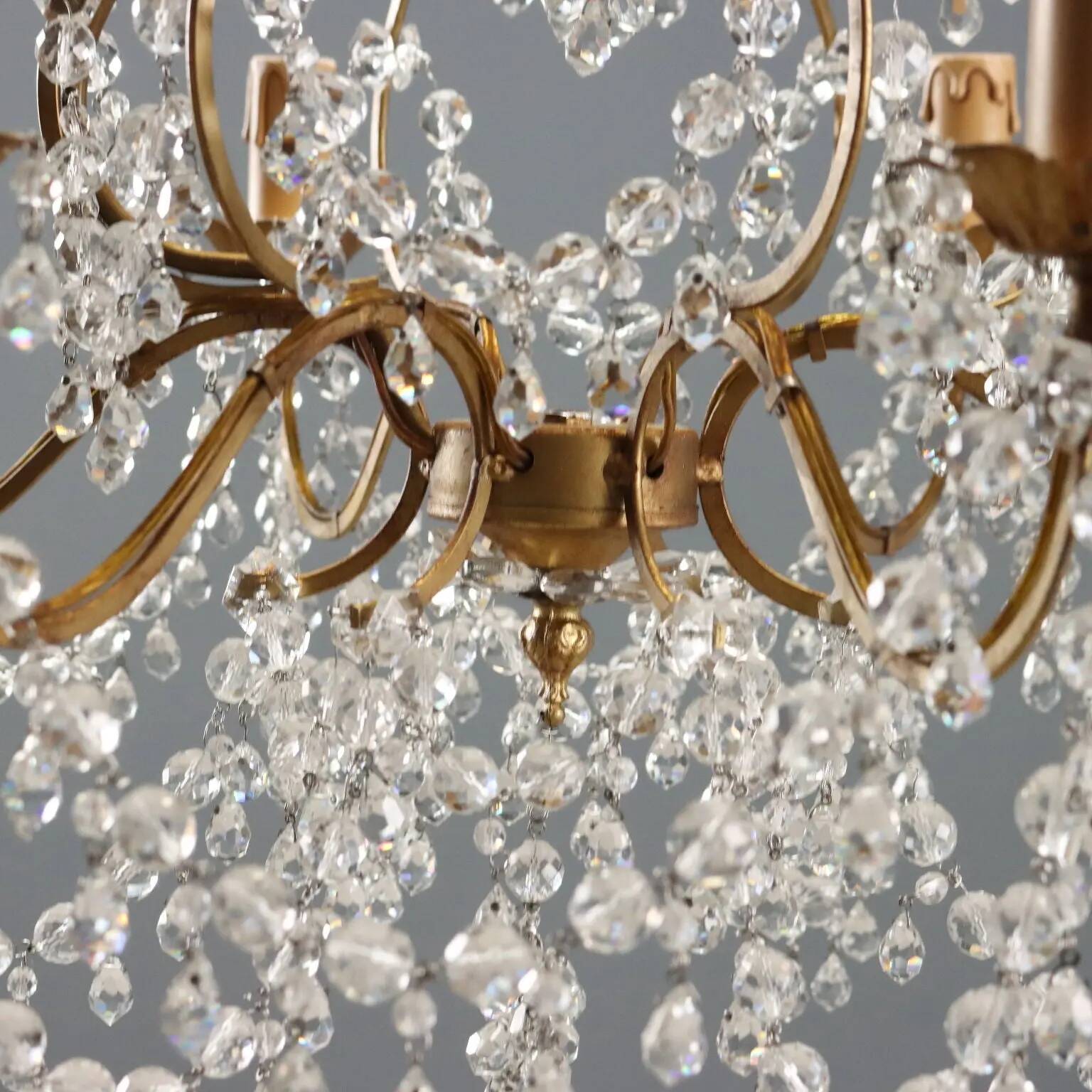Antique chandelier in gilded iron and metal, Italy, 20th century