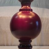 Turned wood table lamp in plum color - 1970s