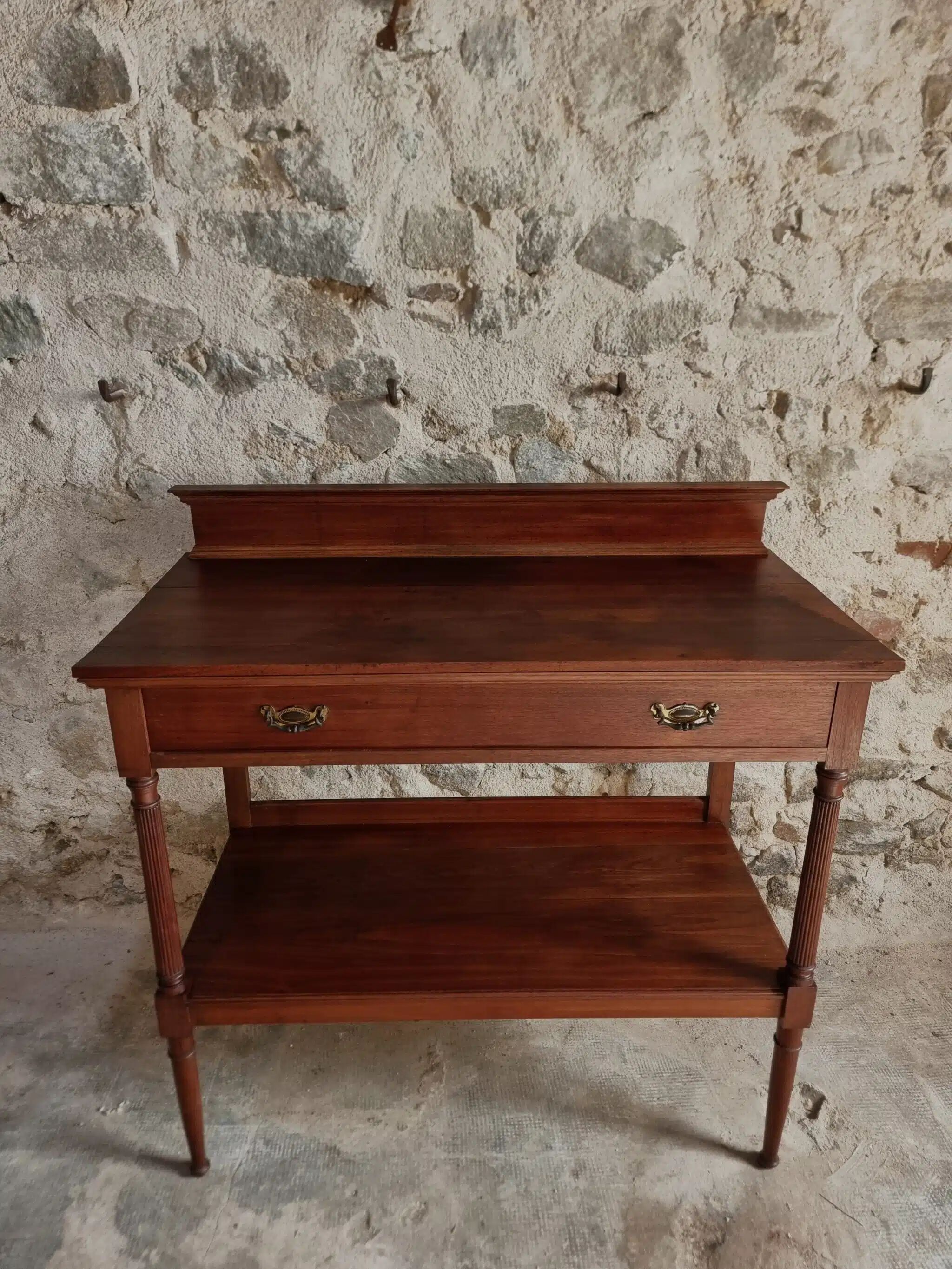 Antique mahogany console with drawer and shelf, French serving table, circa 1900.