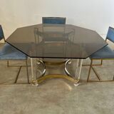 Ancienne table à manger design italien d'Alessandro Albrizzi années 70 lucite et laiton
