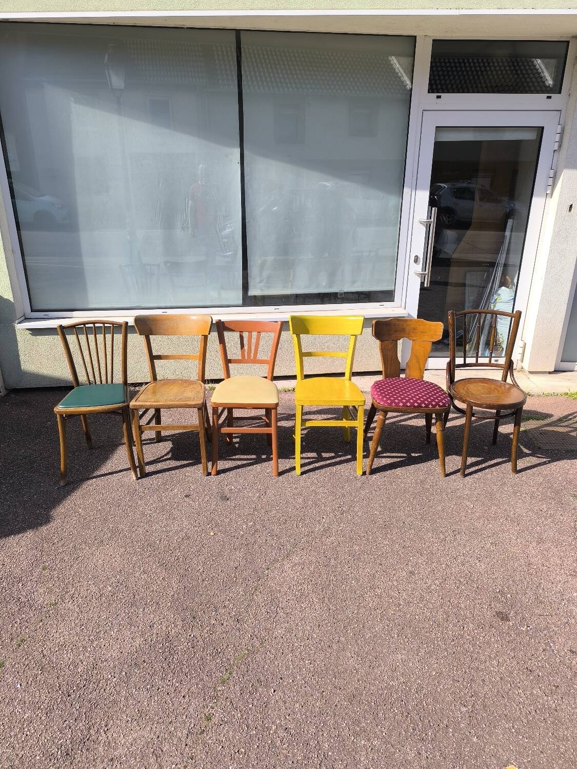 Set of 6 mismatched vintage wooden bistro chairs