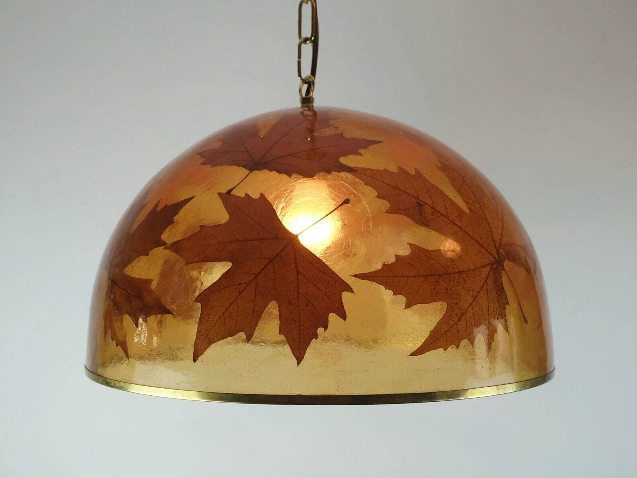 rare vintage PENDANT LAMP resin with maple leaves 1970s hanging lamp