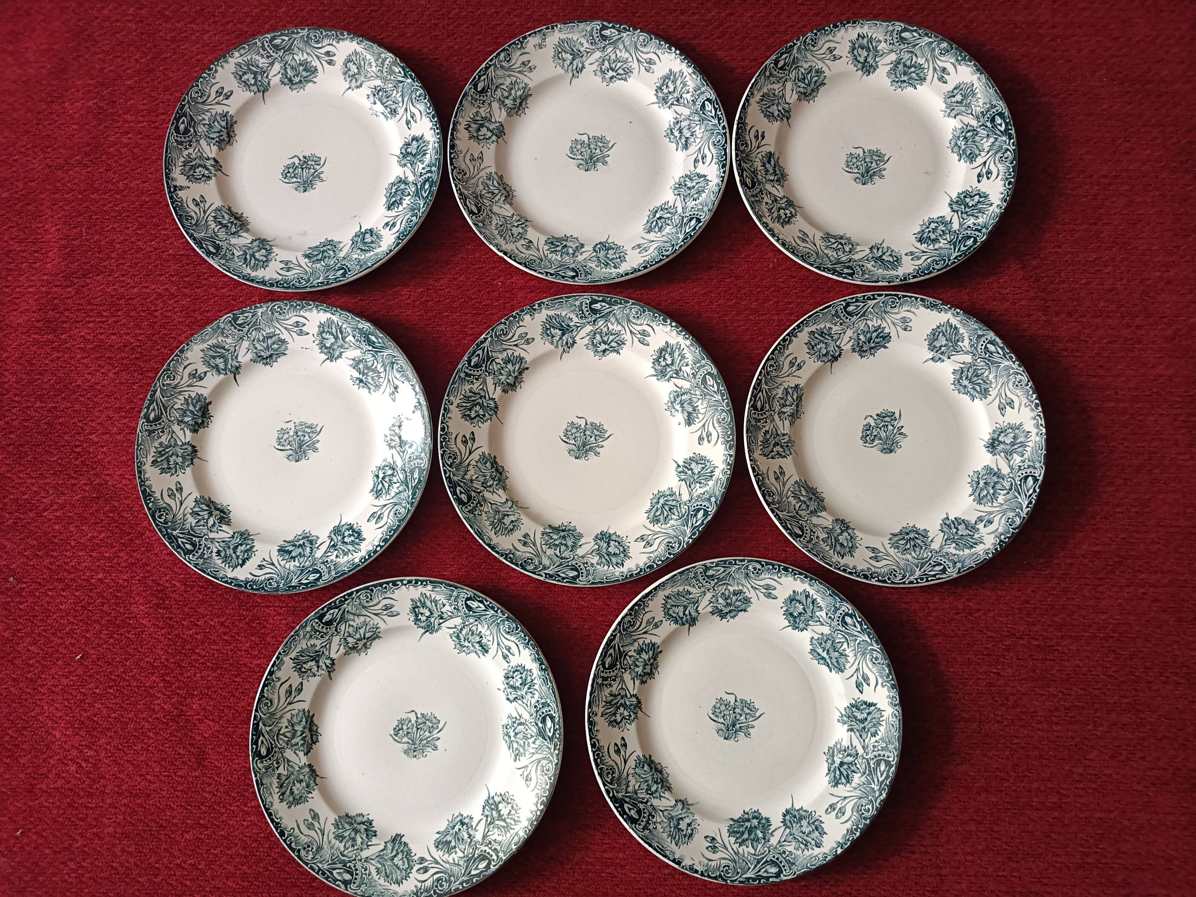 8 Plates Flat Earthenware Old Iron Earth Saint Amand Model Carnations.