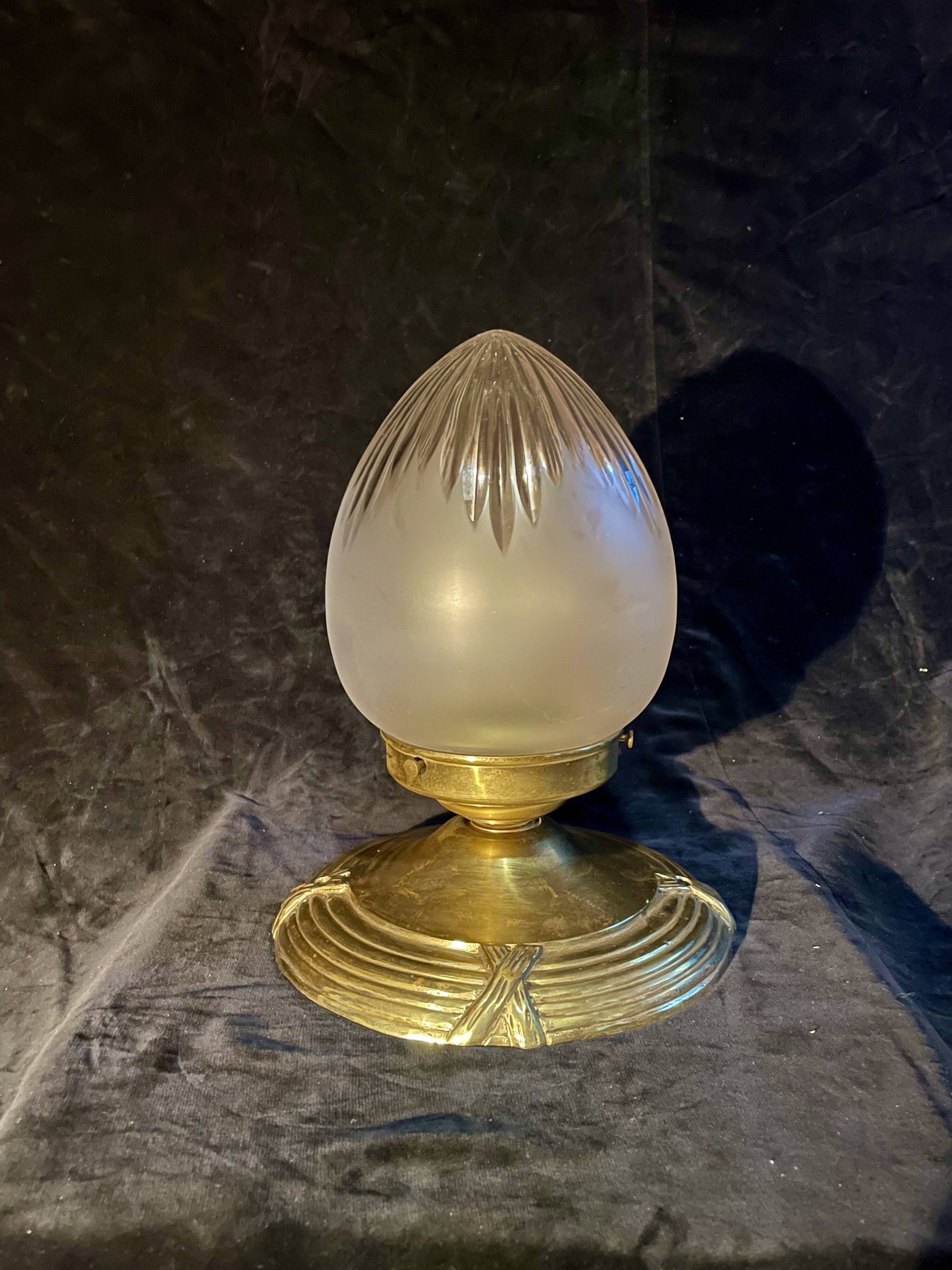 Art Deco ceiling light, etched/frosted obus and brass, 1930s.
