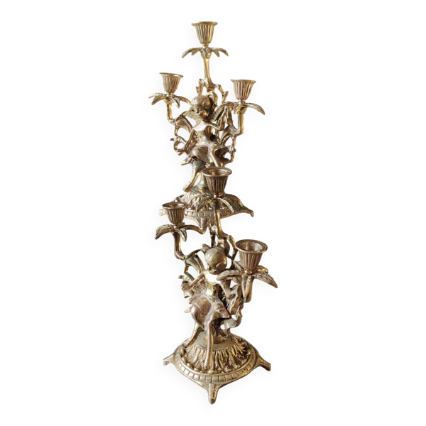 Paire de chandeliers antiques à 3 feux de lumières puttis/angelots bronze