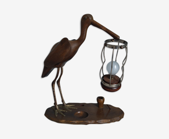 Lampe de bureau ancienne, héron en bois style art deco