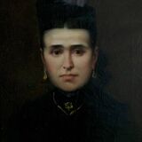 Beau portrait du 19e siècle d'une jeune femme en robe à ruban bleu.