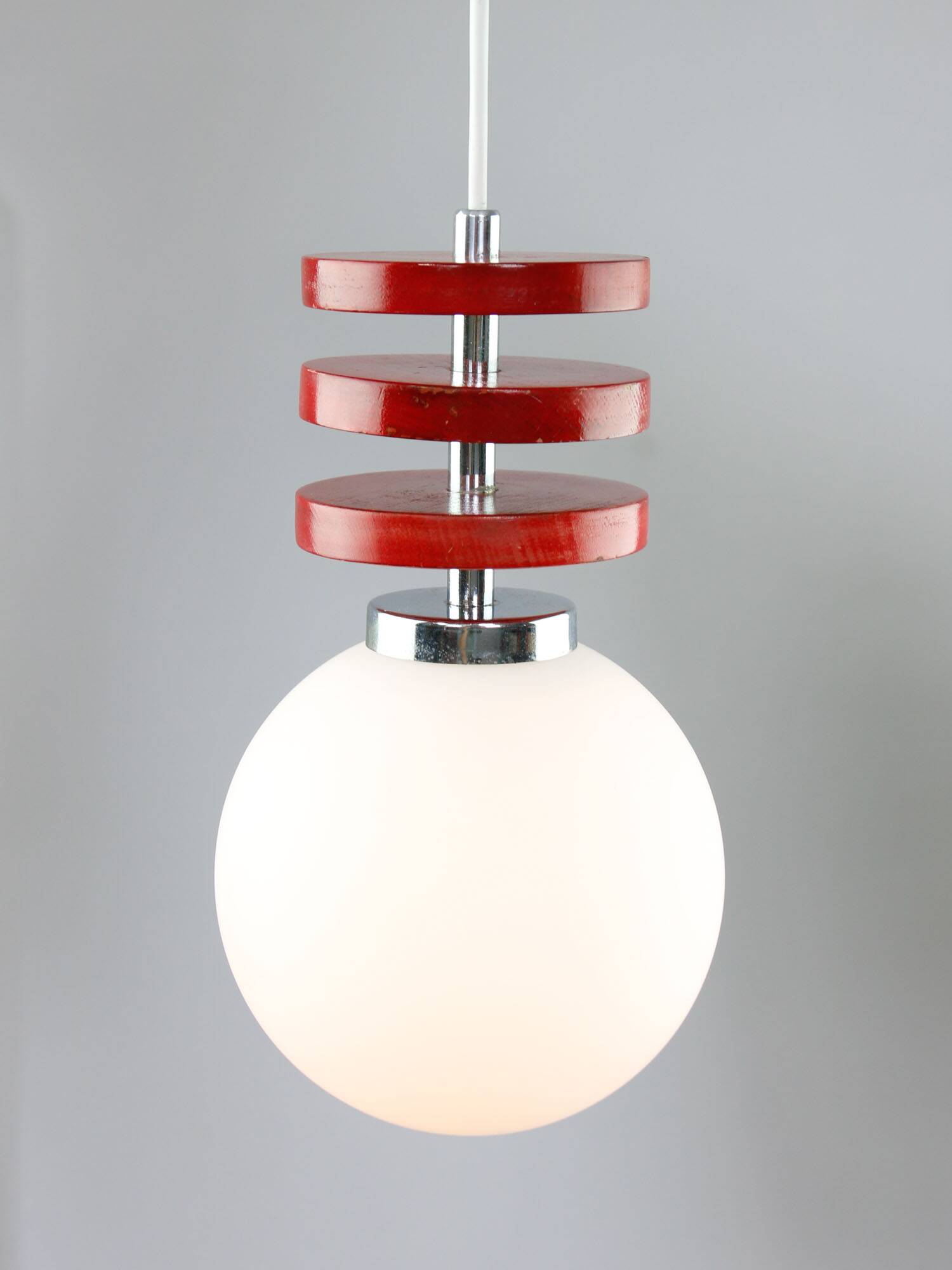 Vintage Italian Red Disc Pendant Lamp In Chrome and Wood, 1970s